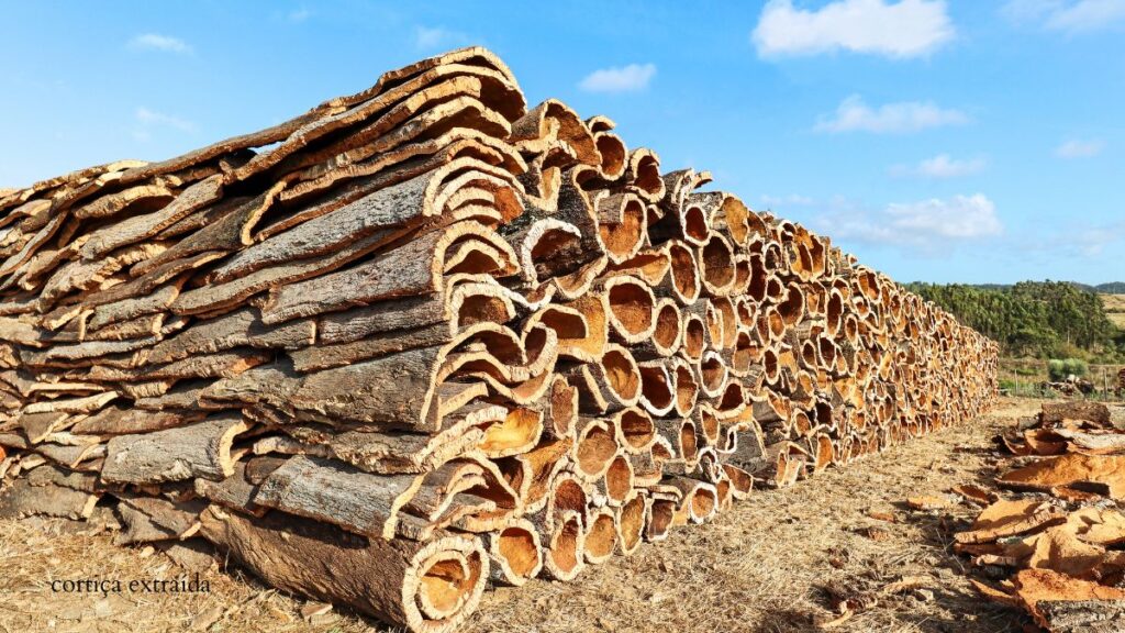Pranchas de cortiça natural empilhadas após a extração manual em Portugal, prontas para serem transformadas em acessórios Vahani.