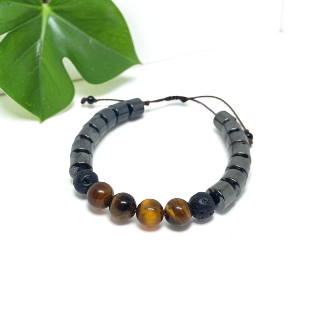 pulseira de hematita com olho de tigre marrom unisex ajustavel